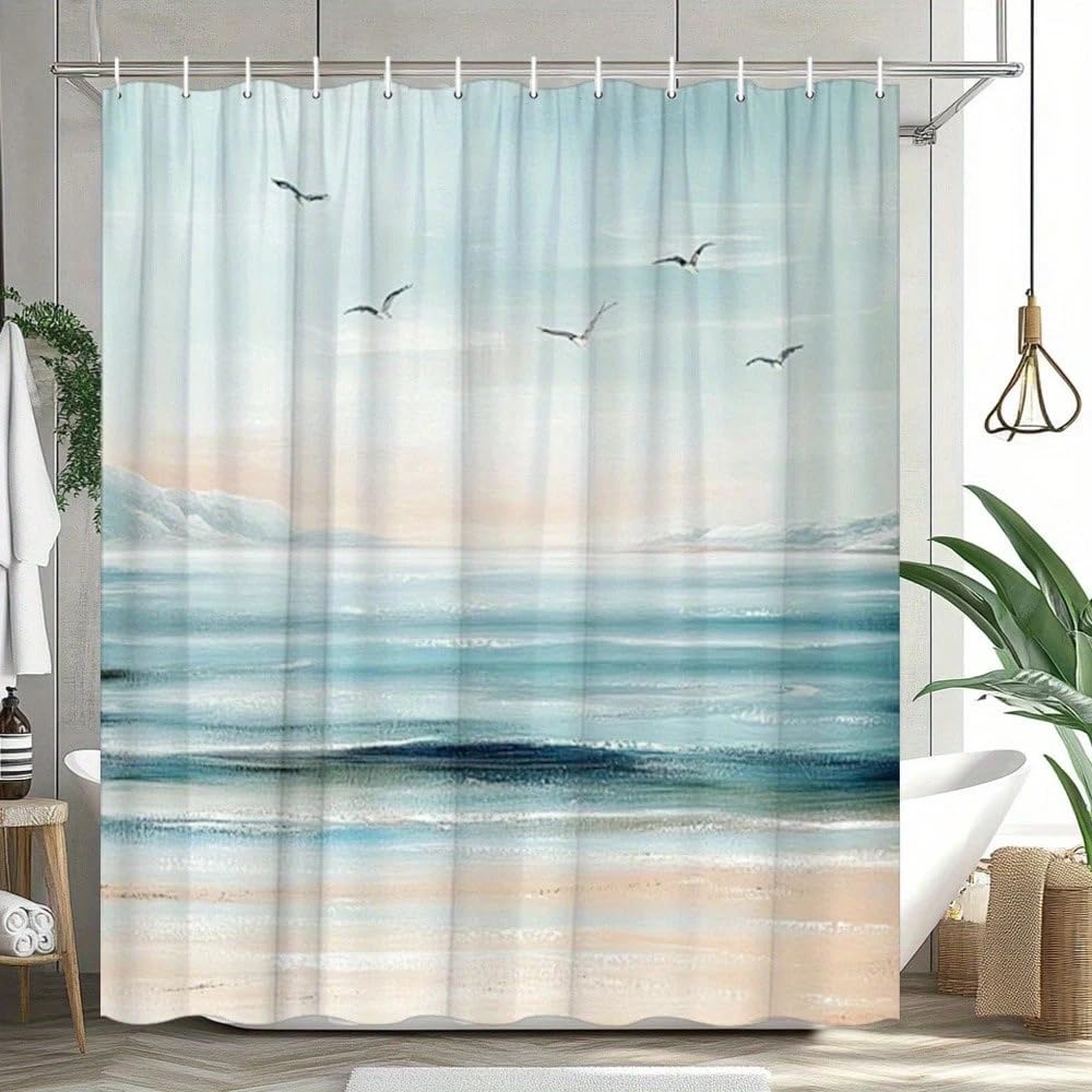 GLKSDLPO 1piece Coastal Scenery Shower Curtain Beach, Waves, And Snow Mountain Pattern Modern Minimalist Bathroom Decor(180x220cm/71x87in(WxH)