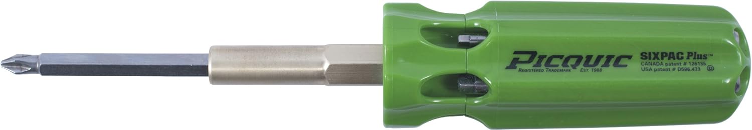 Picquic 48105 full-size SIXPAC Plus multi-bit screwdriver with seven bits, Gecko Green Opaque