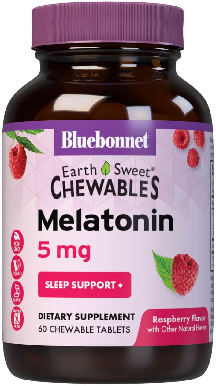 Bluebonnet EarthSweet Melatonin 5 mg Fast-Acting Quick Dissolve Nighttime Relaxation & Restful Sleep Support - Sleep Aid - Gluten-Free, Vegan - Raspberry Flavor - 60 Chewable Tablets