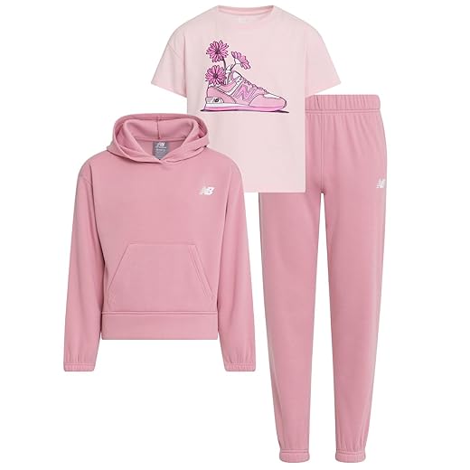 New Balance Girls 3pc Sweatsuit - Cotton Blend Fleece Activewear Set - Pullover Crewneck Hoodie, T-Shirt, Jogger, (4-12)