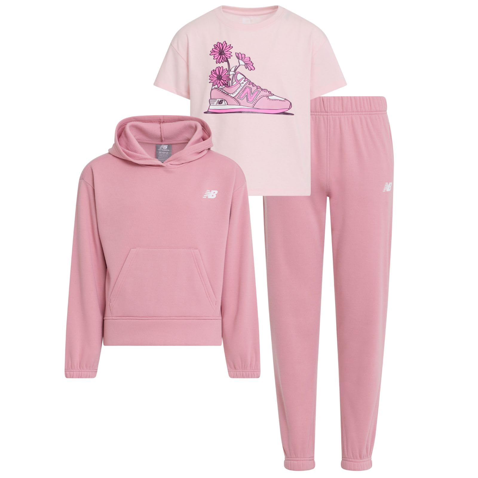 new balance girls 3pc sweatsuit - cotton blend fleece activewear set - pullover crewneck hoodie, t-shirt, jogger, (4-12)