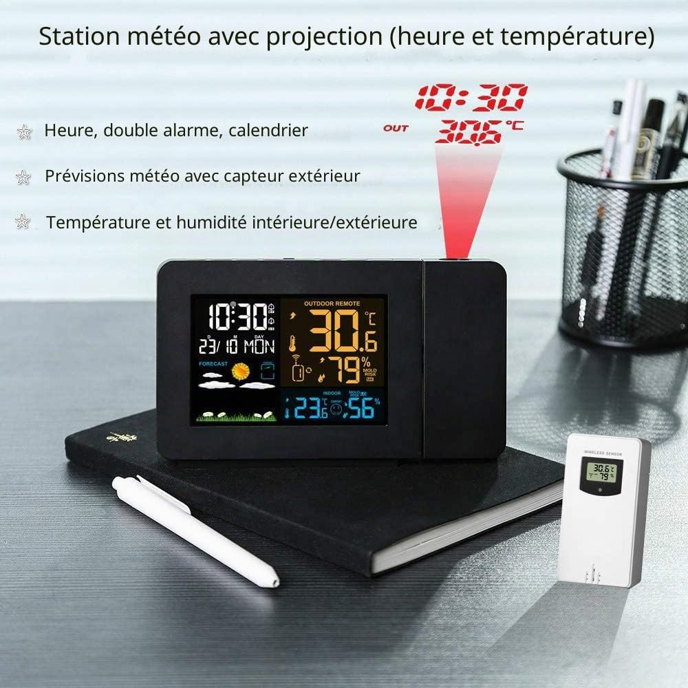 Station Météo Thermomètre Hygromètre sans Fil avec capteur, Horloge météo à Projection, thermomètre intérieur/extérieur avec Contrôle de Radio RCC, Réveil Doubles