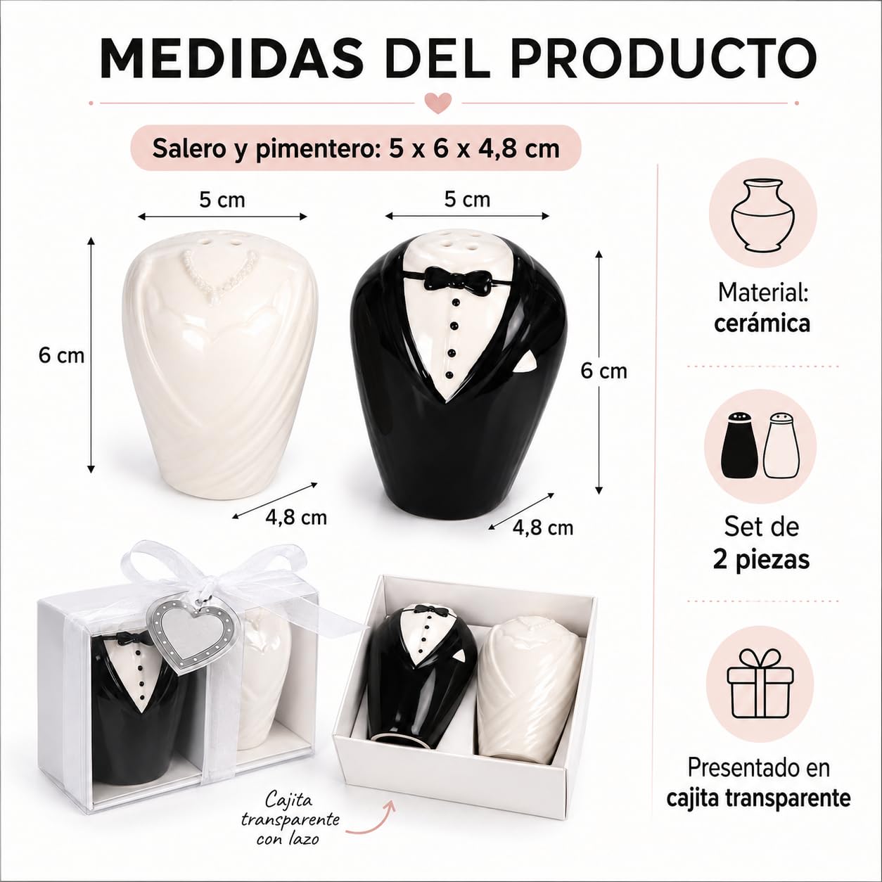 Detalles para Boda Invitados, Salero y Pimentero Novios Cerámica, 25uds | Detalle práctico para invitados de boda, ideal para repartir en ceremonias, banquetes o eventos de verano.