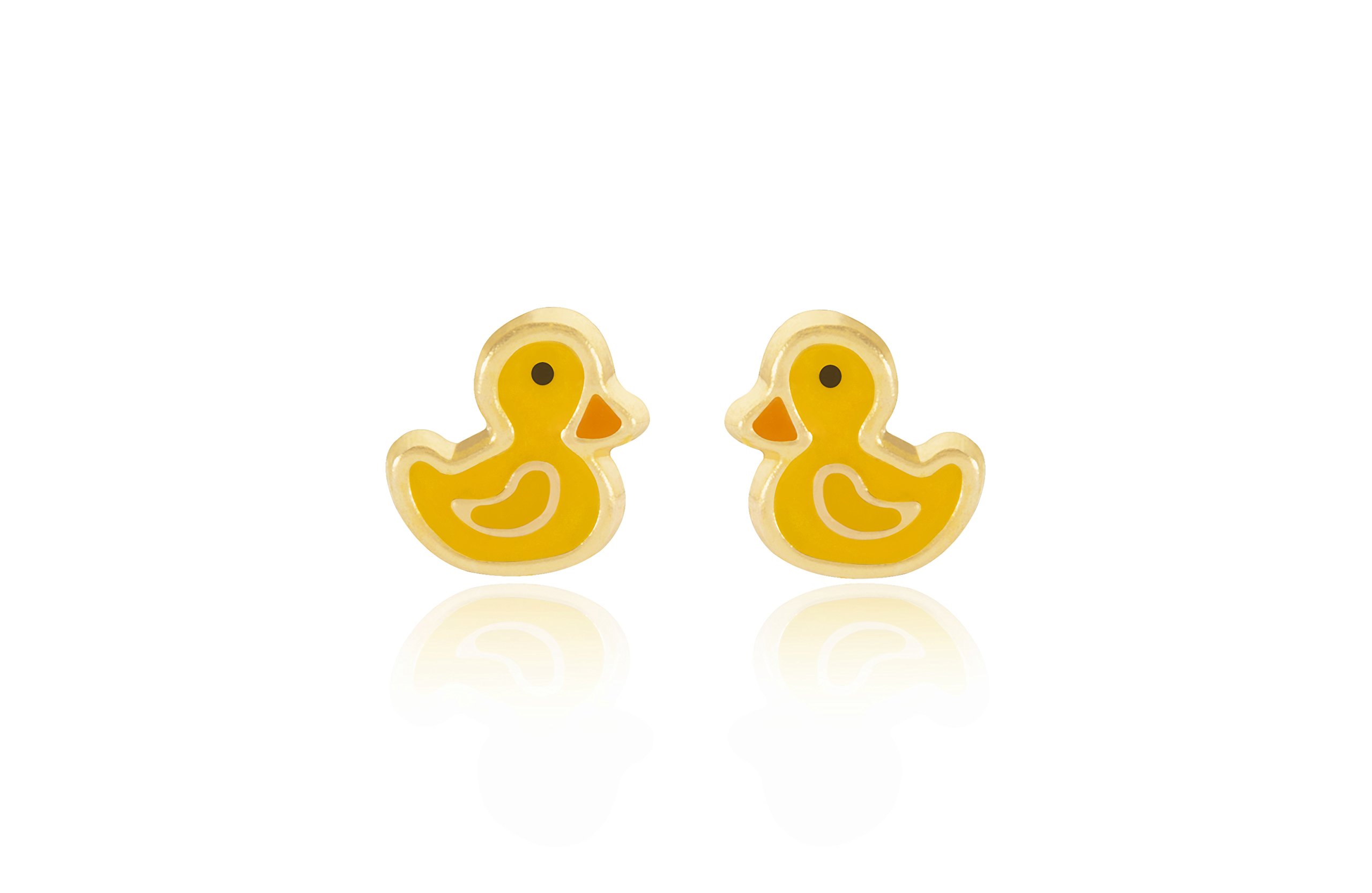 9ct yellow gold enamel duck earrings. Gift box