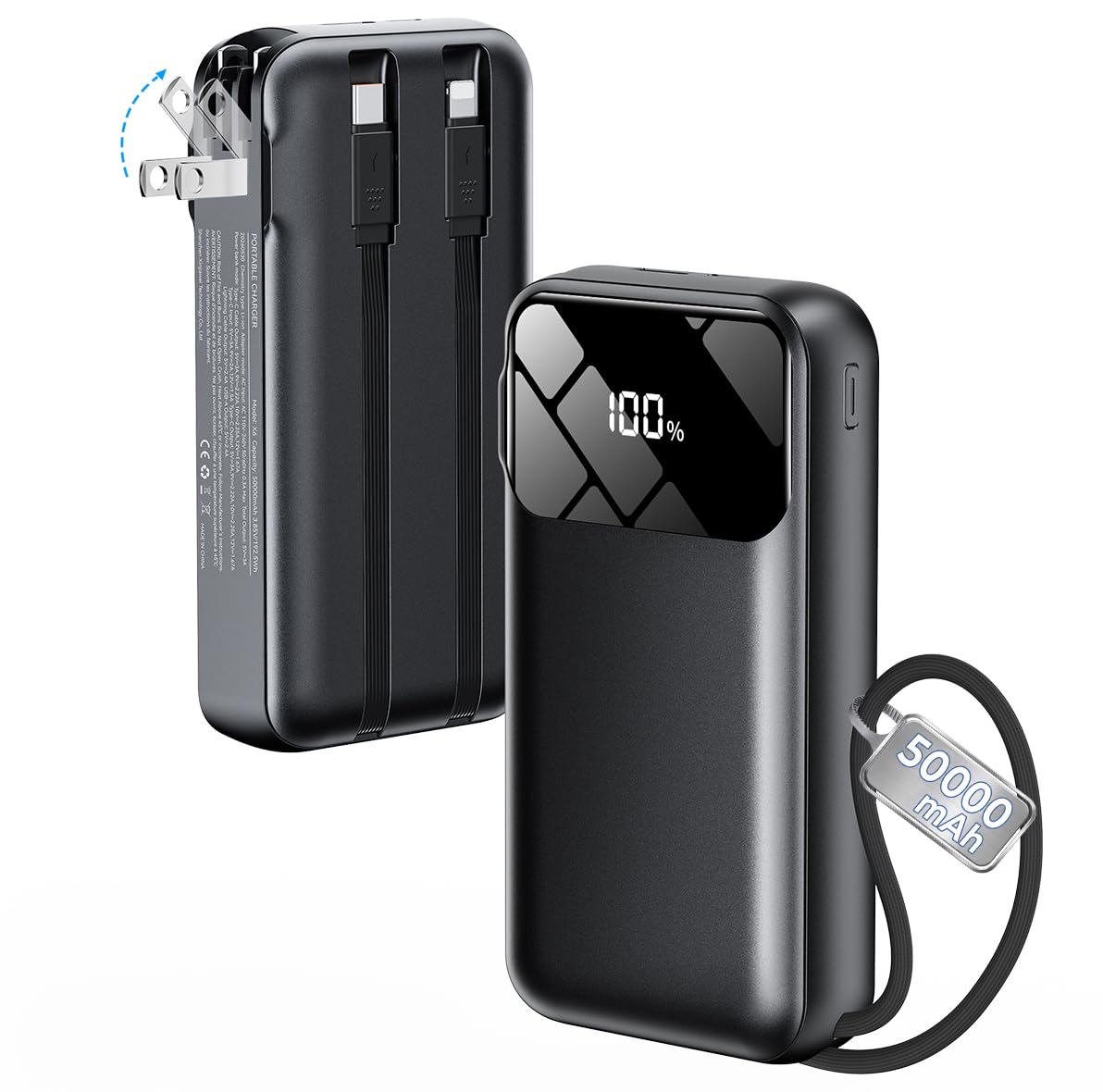 Portable Charger 50000mAh, Power Bank with Built-in Cables & Wall Plug | Fast-Charging, Ultra-High-Capacity Battery Pack for Travel Essential, for iPhone, Samsung, Google Pixel, and iPad-Black