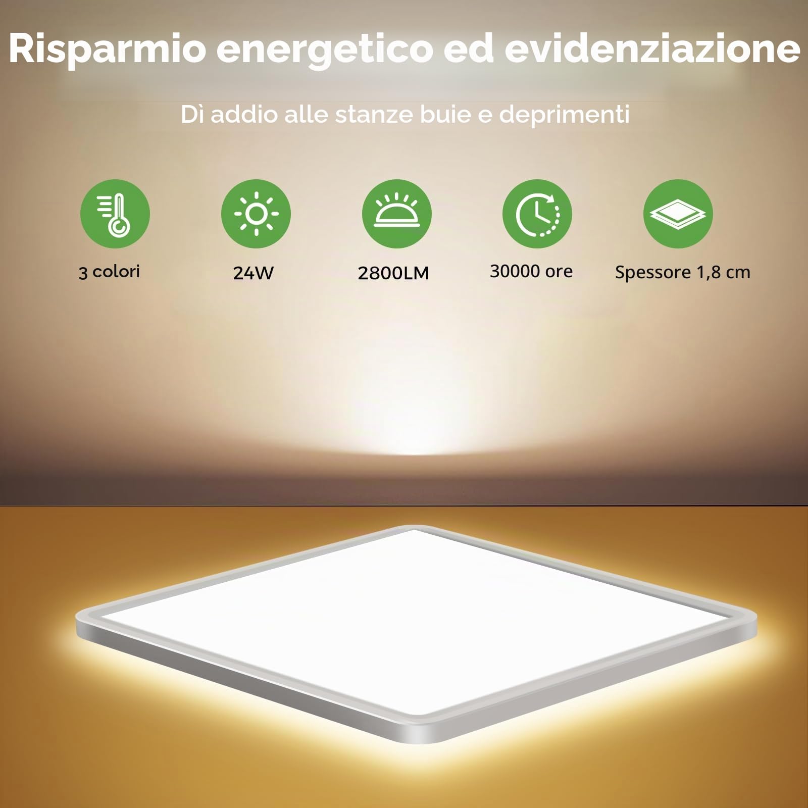 zemty Plafoniera LED Soffitto Quadrata, 3colori-3000K/4000K/6500K, Plafoniera Bagno IP44 Impermeabile, Lampada da Soffitto Moderna 24W 2800LM per Cucina, Camera da Letto, Corridoio, Balcone, Ø29CM