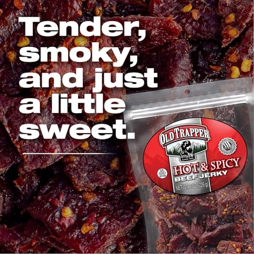 Image of Old Trapper Beef Jerky, Hot & Spicy 8 Ounce Individual Pack, Tender and Spicy Meat Snacks for Lunches or Between Meals, 11 Grams of Protein and 70 Calories per Serving (Pack of One)