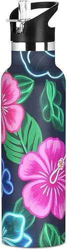 Summer Neon Hibiscus Frangipani Flower - Botella de agua ligera con aislamiento deportivo con asa, para bebidas calientes y frías, doble pared para