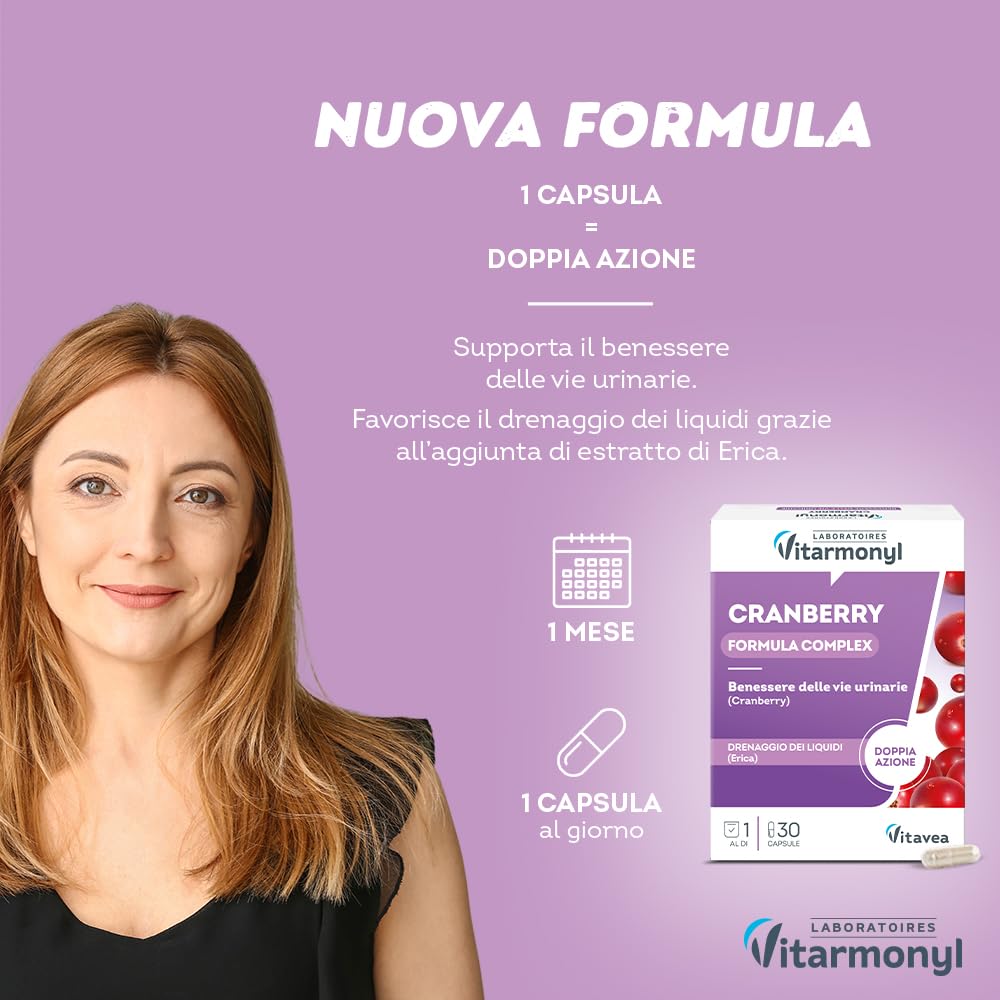 Vitarmonyl Nuova Formula Cranberry - Integratore Benessere Vie Urinarie - Alta Concetrazione in 1 Sola Capsula - Azione Drenante - Mirtillo Rosso e Erica - Cistite - 1 Mese di Trattamento