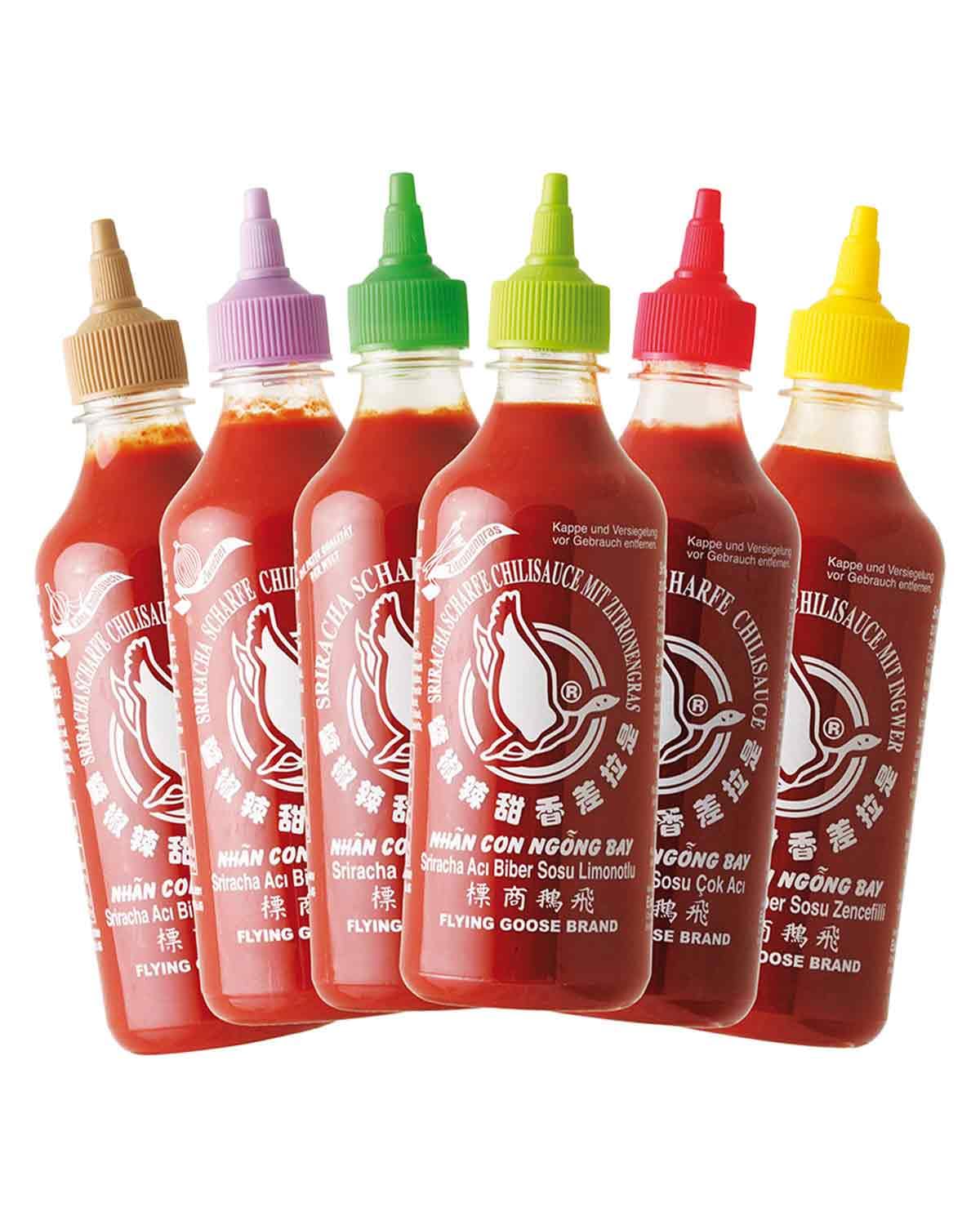 FLYING GOOSE Sriracha Chilisaucen Mischkarton 6 Geschmacksrichtungen 6 x 455ml Multipackung