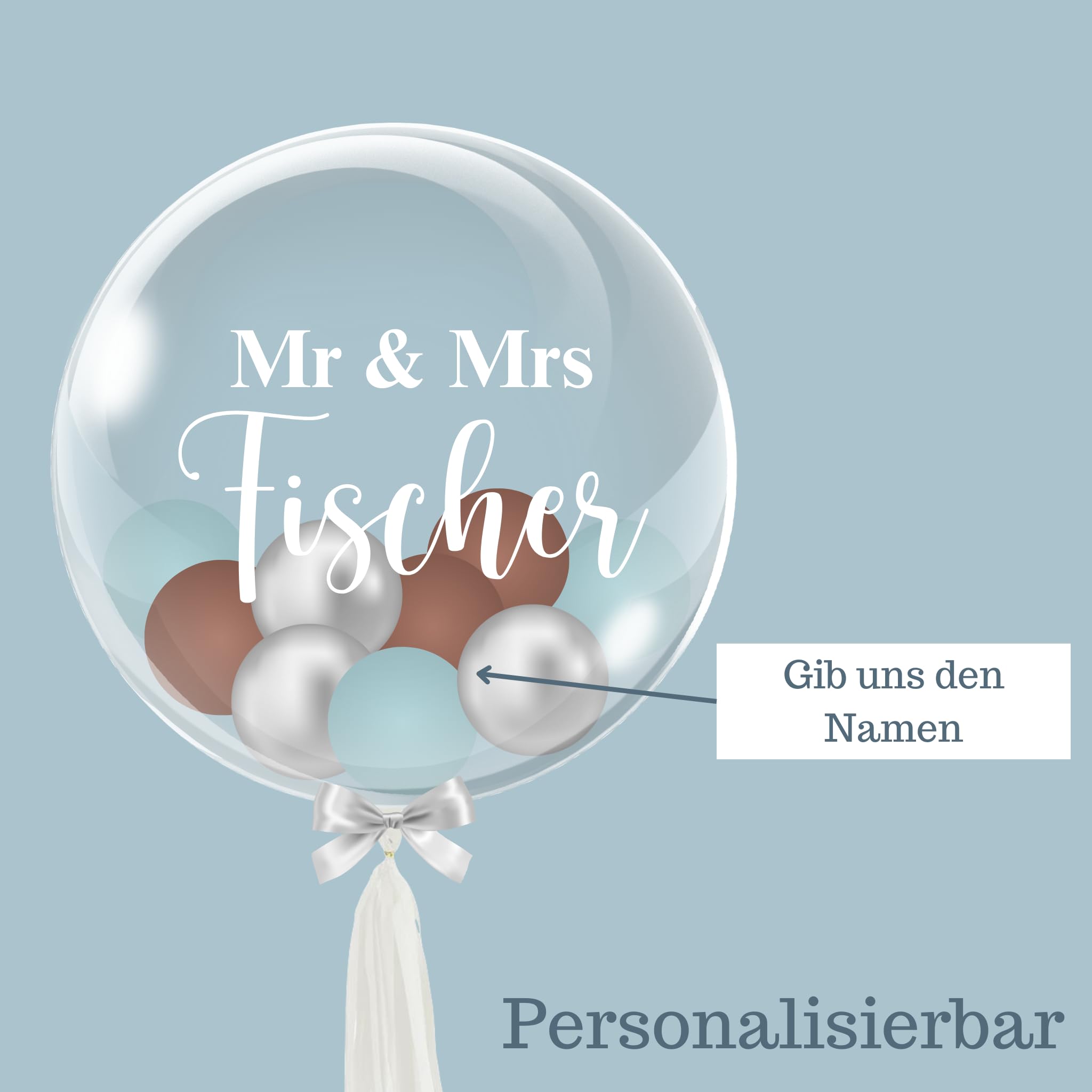Mr & Mrs - Bubble Fabrik - Personalisiertes Ballongeschenk: Durchsichtiger Heliumballon mit Bunten Ballons, Geschenk zur Hochzeit, Hochzeitsmitbringsel