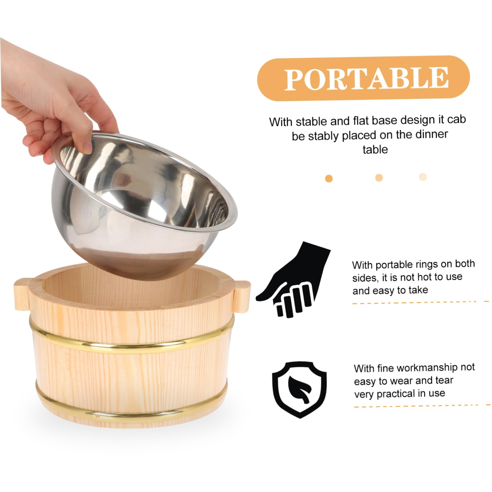 Contenitore per Alimenti in Legno Multiuso per Cucina Grande Capacità, Secchio Compatto per Riso e Sushi, Realizzato in Legno e Acciaio Inossidabile, per Uso Domestico