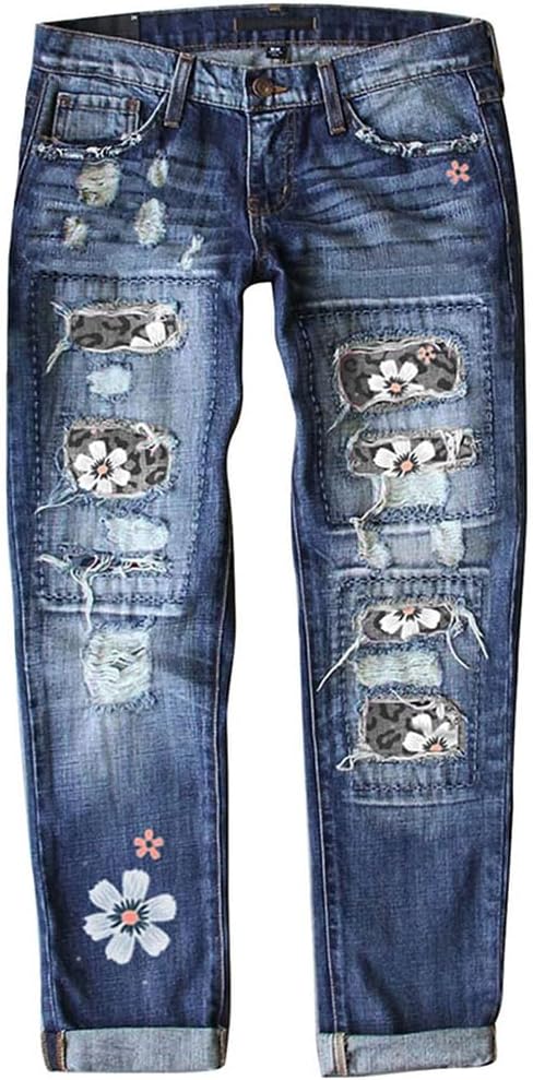 Womens Plaid Patch Ripped Boyfriend Distressed Stretch Skinny Denim Jeans with Hole