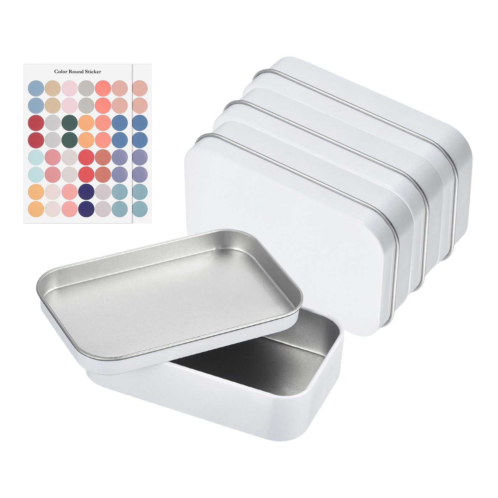 sourcing map 4Pcs Metal Tin Box Container, 3.7x2.4x0.9 Rectangular Empty Box with Self Adhesive Colored Stickers, Mini Portable Storage Containers for Candy, Drawing Pin Crafts, White