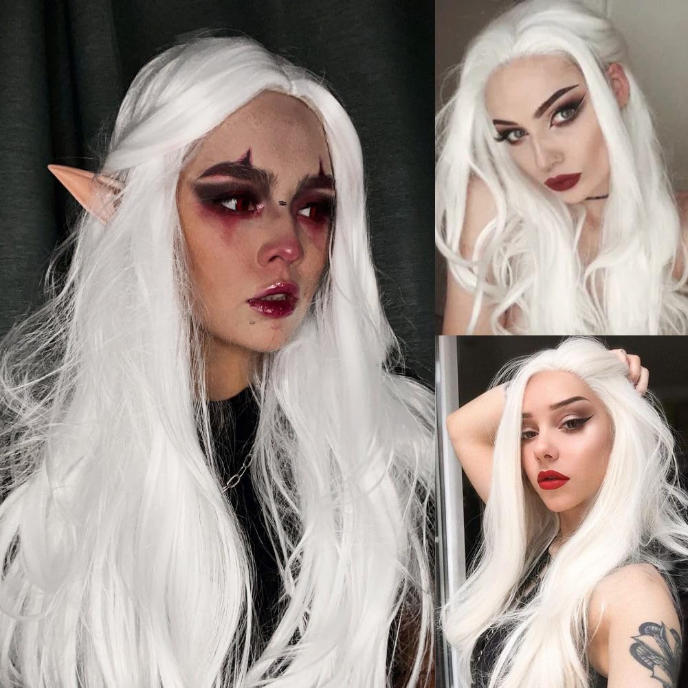Siudus White Long Curly Wigs for Women 28 Inch Wavy Cosplay Middle Part Hair Wig Synthetic Fibre Halloween Costume Wig - Image 2
