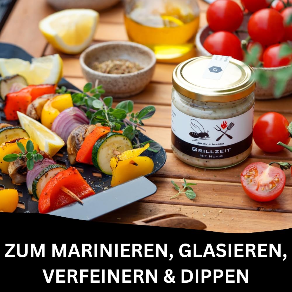 Grega’s BBQ Honig Grillset 6-teilig – BBQ Sauce & Gewürz Honige mit Grillpinsel Geschenk für Männer – Grillen, Marinieren & Verfeinern – Honigsüßes Grillsaucen Geschenkset