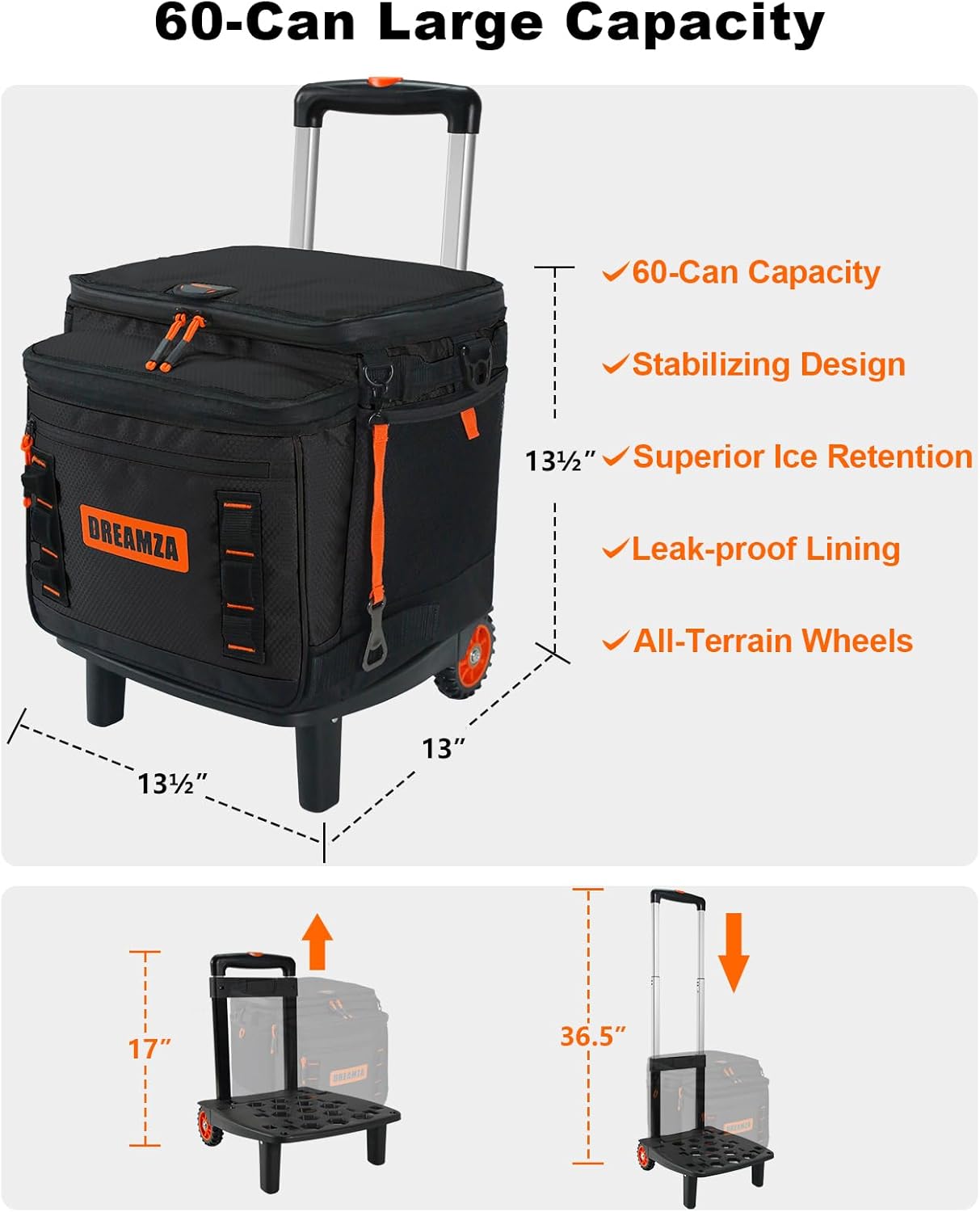 Soft Cooler with Wheels, 60-Can Wheeled Cooler with Handle, Leak Proof Rolling Cooler Insulated Bag with All-Terrain Cart, Collapsible Rolling Ice Chest for Beach Picnic Camping Grocery