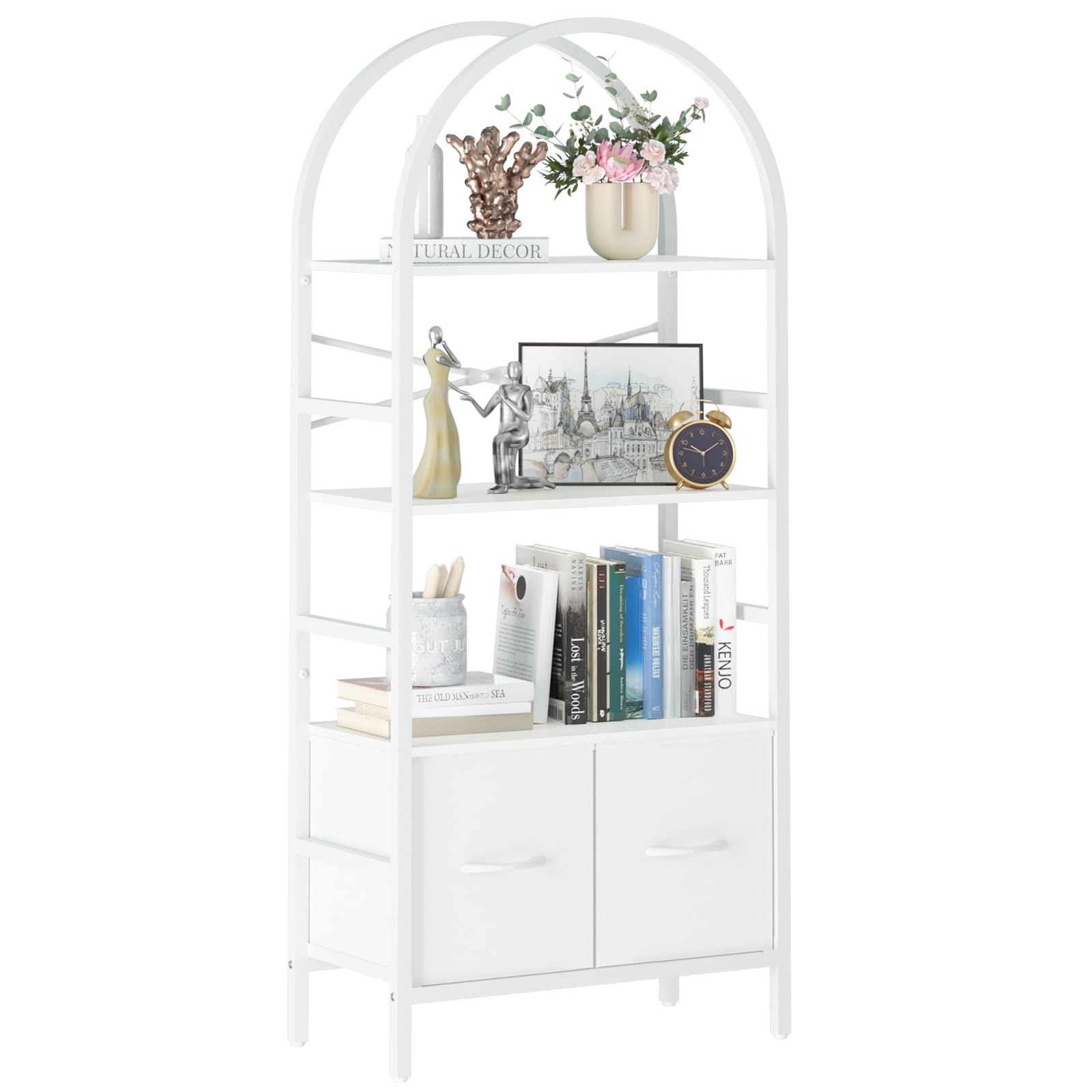 Yoobure Arched Bookshelf with Drawers, 4 Tier Book Shelf Storage Shelves, Industrial Bookcase Book Organizer for Bedroom Office, Tall Metal Bookshelves, Open Book Case Display Standing Shelf Unit