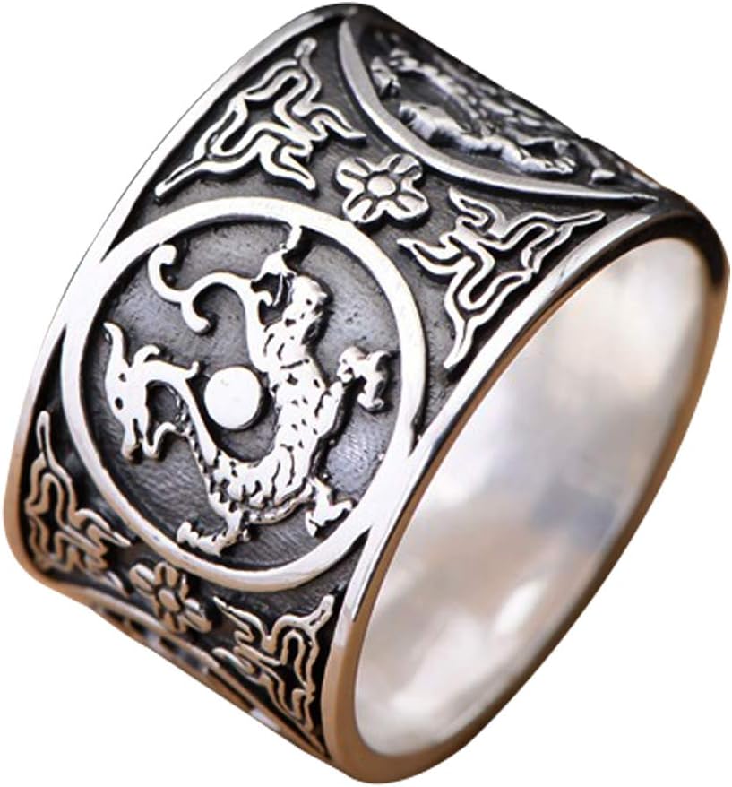 Vintage Black 999 Sterling Silver Band Ring with Dragon Tiger Vermilion Bird Tortoise for Men Women 14mm Size 7.5-13