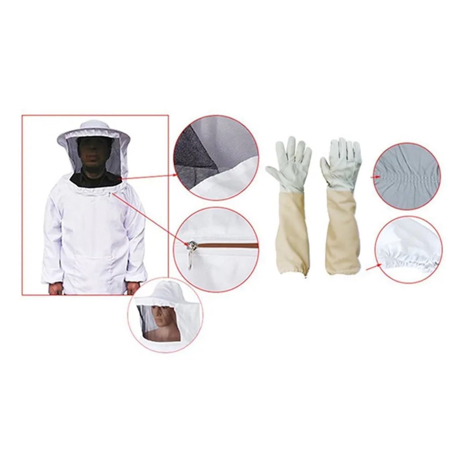 Abbigliamento per l'apicoltura, Tuta da apicoltore con mezza giacca cappuccio e guanti in pelle di pecora 2 pz