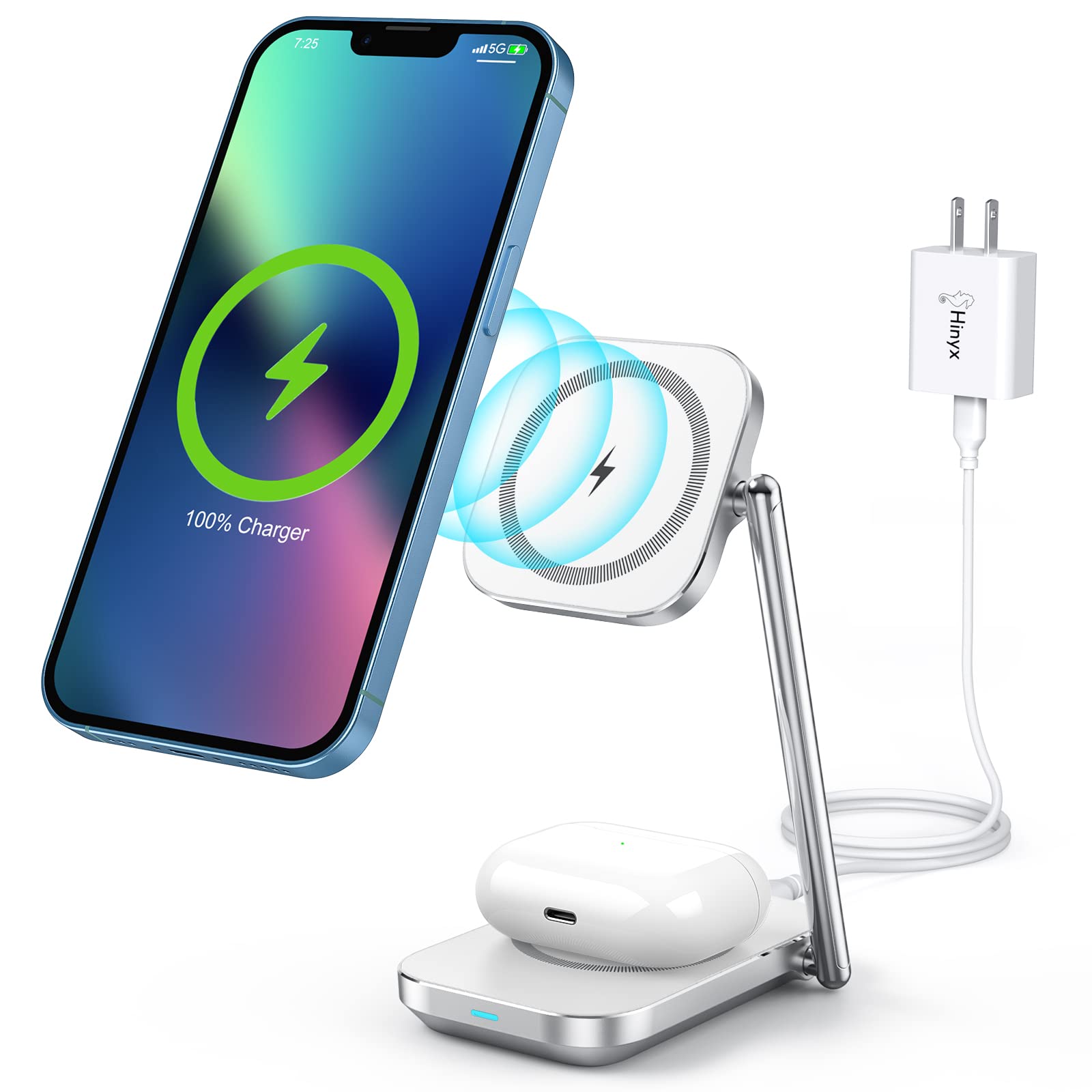 Hinyx 2 in 1 Wireless Charger, Magnetic iPhone Charger Stand Compatible Foldable With Mag-Safe & iPhone 14 13 12 11/Pro/Max/XS/XR/X/8, AirPods 3/Pro/2, Fast Charge (20W PD Adapter), USB