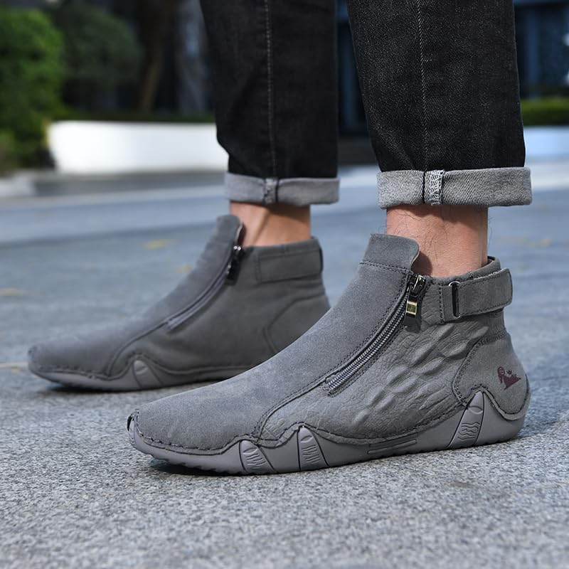 Men's Leather Handmade High Top Chukka Ankle Boots Comfortable Round Toe Side Zipper Slip On Sneakers Fashion Lightweight Outdoor Walking Driving High Boots - Image 2