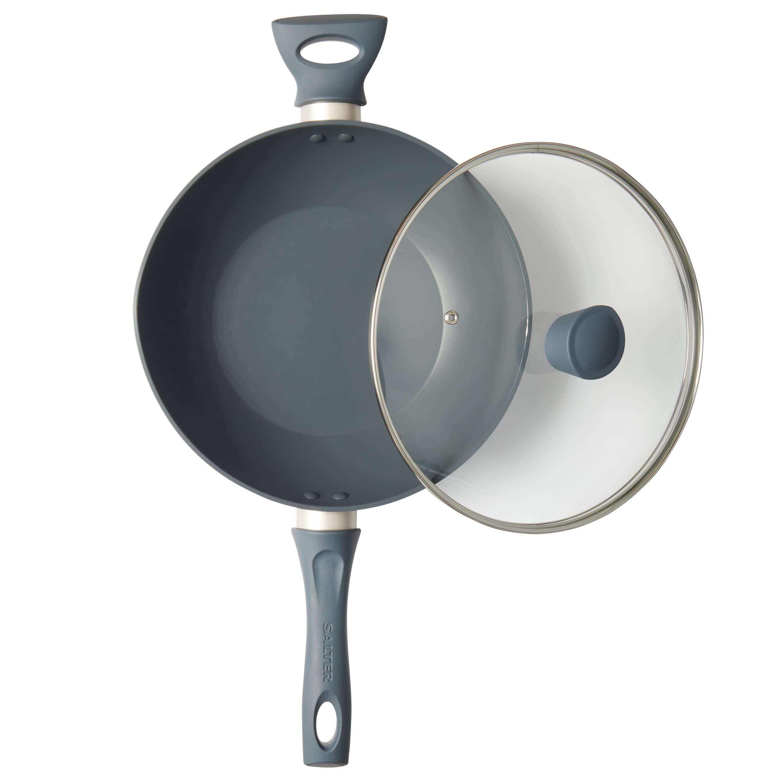 BW12267EU7 Marino 28cm Non-Stick Wok – Stir Fry Pan, Induction Safe, Includes Tempered Glass Lid & Vents, Little/No Oil, PFOA-Free, Soft-Touch Handles, Forged Aluminium, Blue Grey