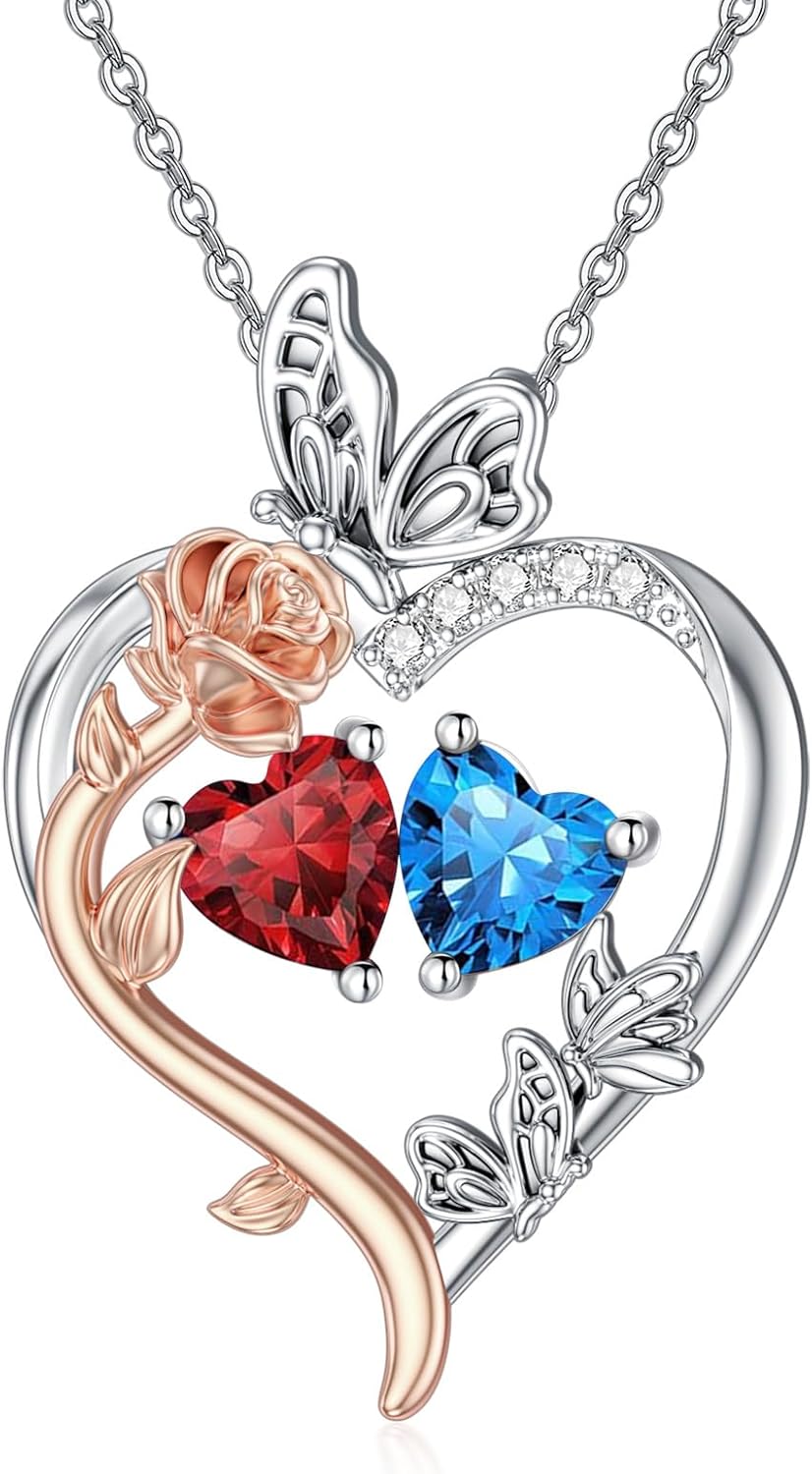Valentine's Day Gifts for Women Heart Rose Butterfly Birthstone Pendant Necklaces 18k White Gold Plated Jewelry Anniversary Birthday Gifts Women Girlfriend Wife Mom Grandma