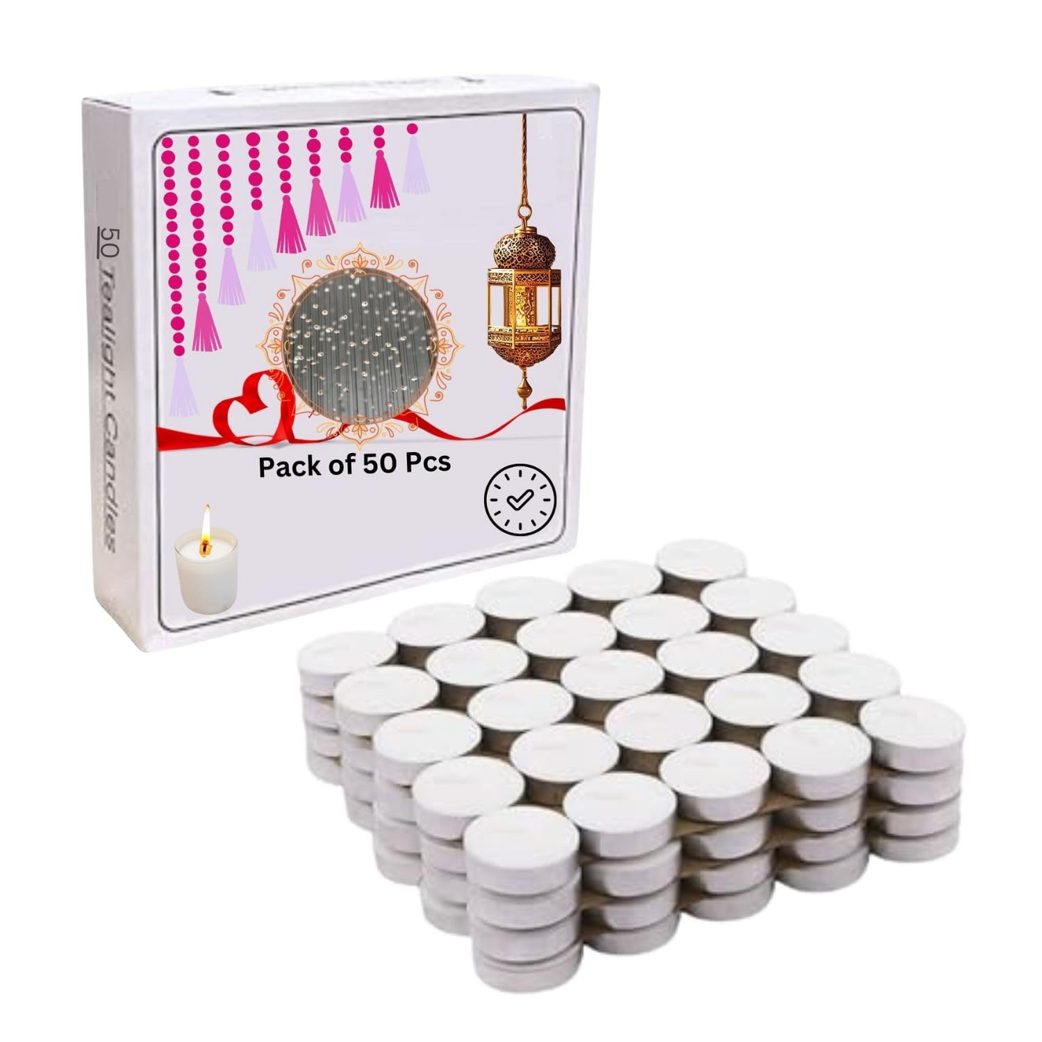 ViMe Tealight Candles Pack of 50 | Unscented Long Burning Wax Candles | Smokeless Small Diyas for Diwali Decoration, Puja, Prayer, Parties, Weddings, Festivals, Home & Event Décor Lighting