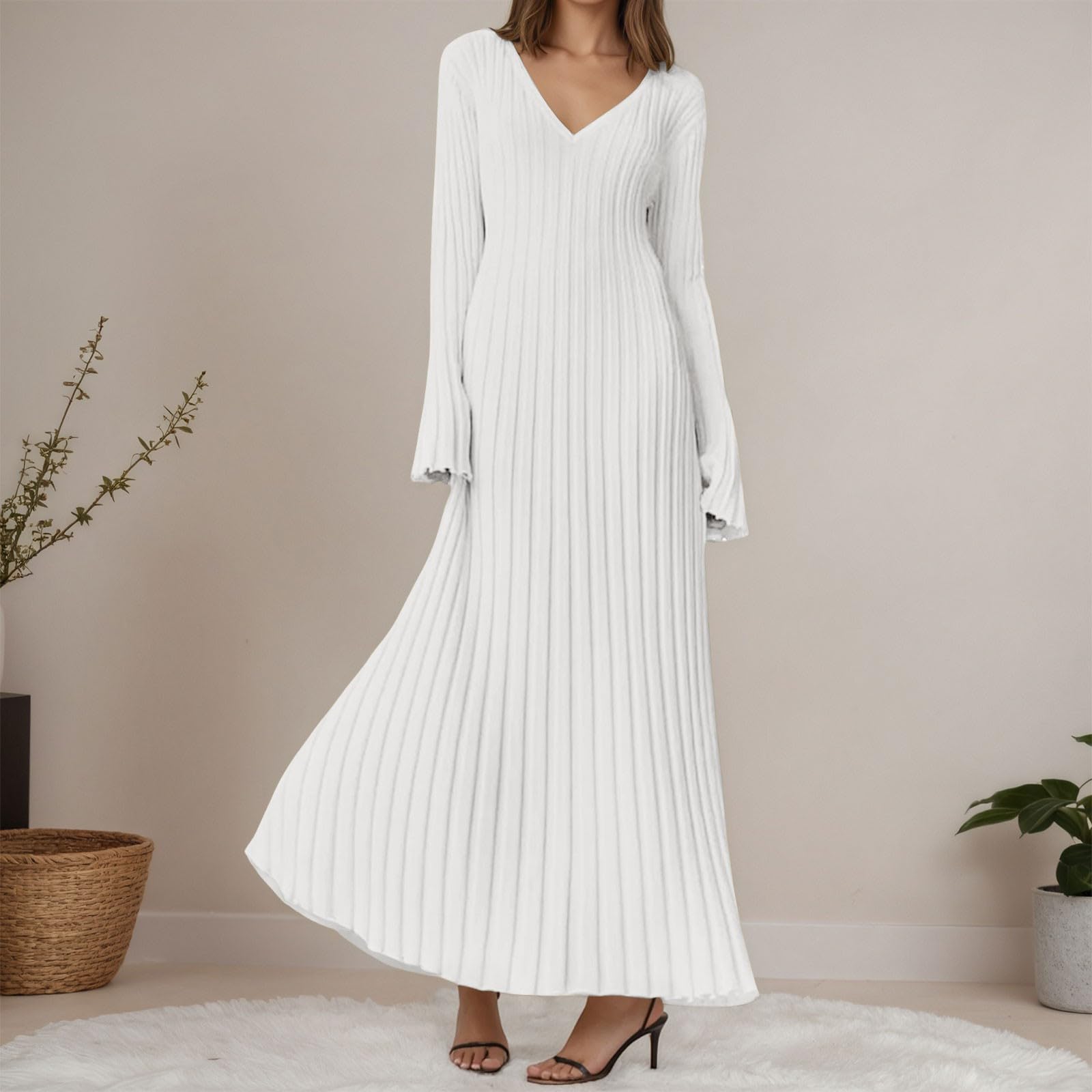 Vestido Largo Elegante De Punto con Cuello Alto Estructura Acanalada Diseño Ajustado Ropa Informal Adelgazante Ajuste En La Cintura