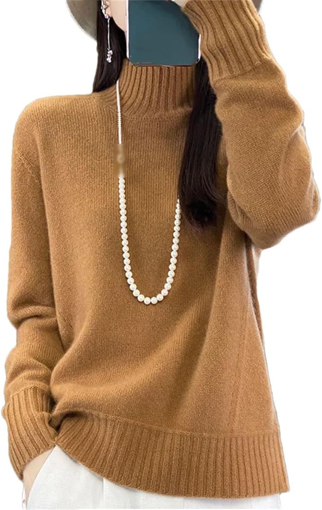 Women's Turtleneck Knit Sweater Long Sleeve Solid Color Loose Pullover Jumper Winter Elegent Thermal Sweatshirt