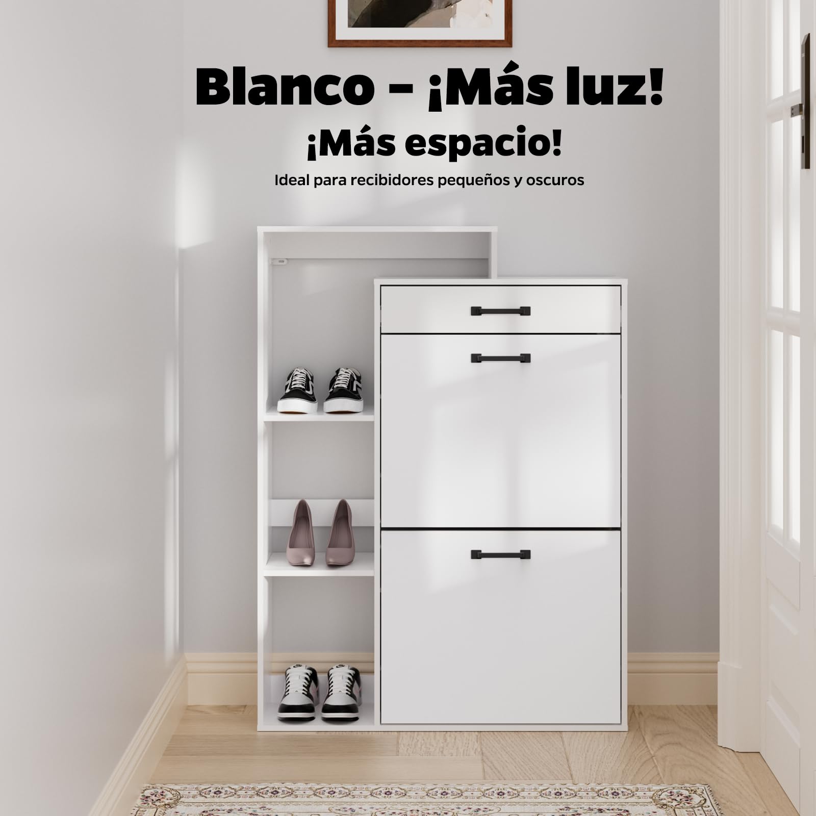 Zapatero Blanco Estrecho，80×24,5×109 cm Mueble Zapatero para recibidor o Pasillo, 3 estantes Regulables,1 cajón, 2 Puertas, Montaje fácil