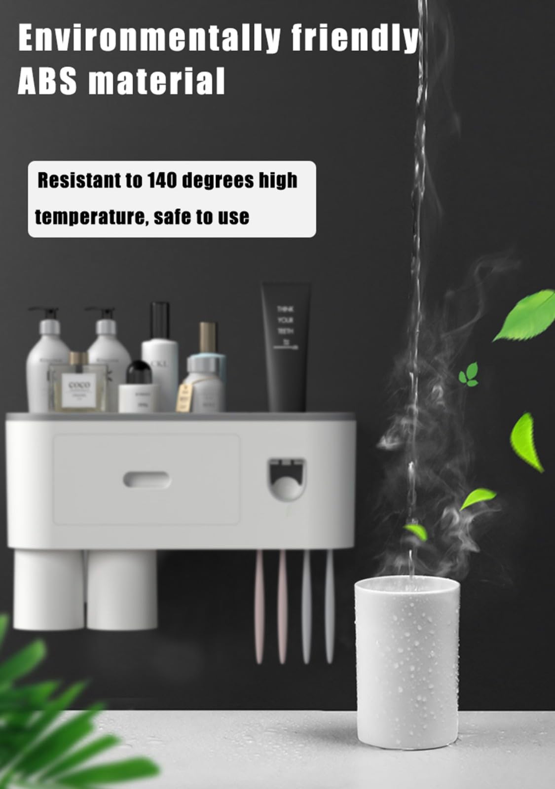 Zahnbürstenhalter Wand Mit Zahnpastaspender, Großer Kapazität Mit Kosmetik-Organizer-Schublade,Pinselschlitzen, Magnetischen Bechern Für Große Familien,Grau,5 Cups