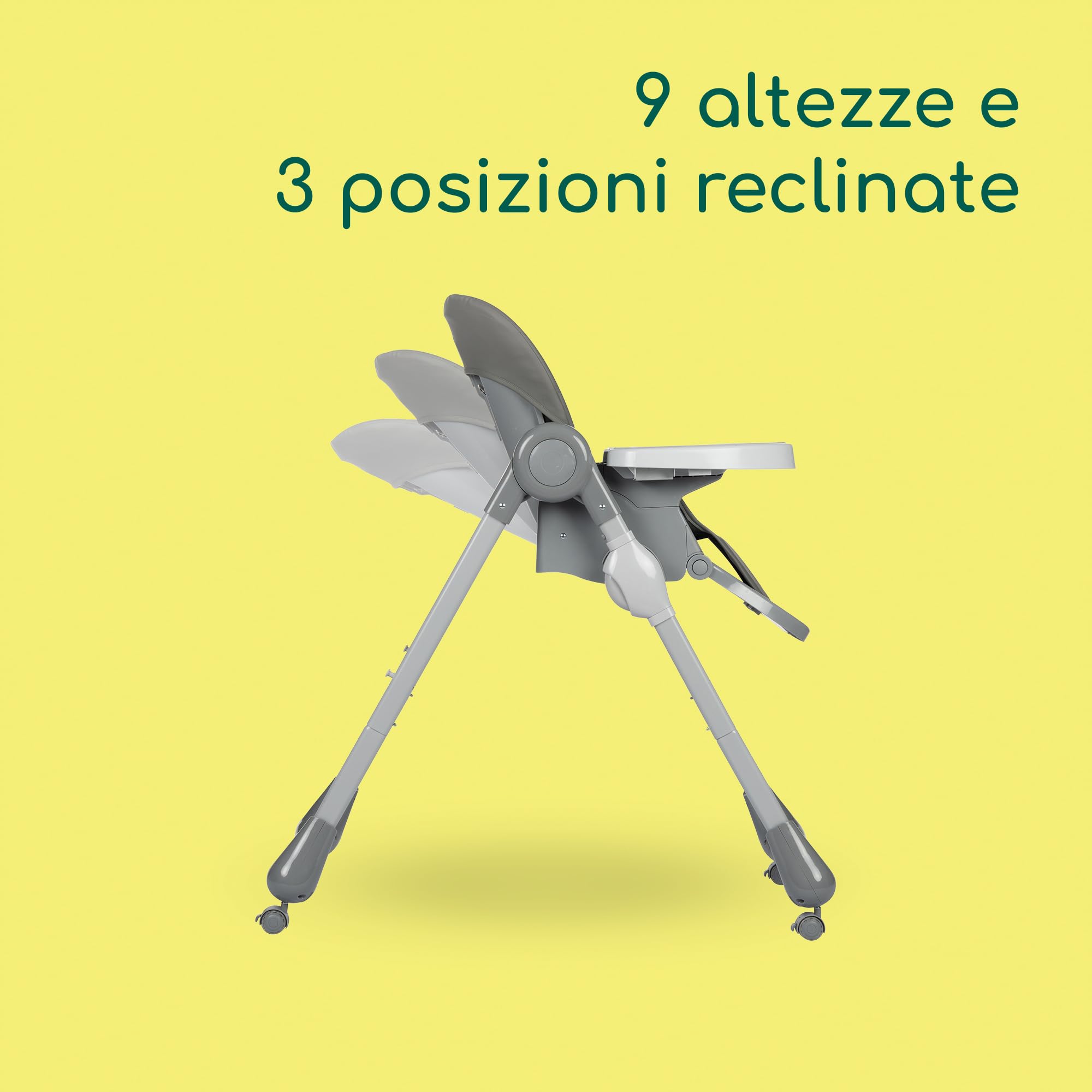 Bebeconfort Olea Seggiolone pappa bimbo, 0-3 anni, 0-15 kg, Seggiolone pappa pieghevole e reclinabile 3 posizioni, 9 Altezze, Facile da pulire, 4 ruote piroettanti, Chiusura compatta, Tinted Grey