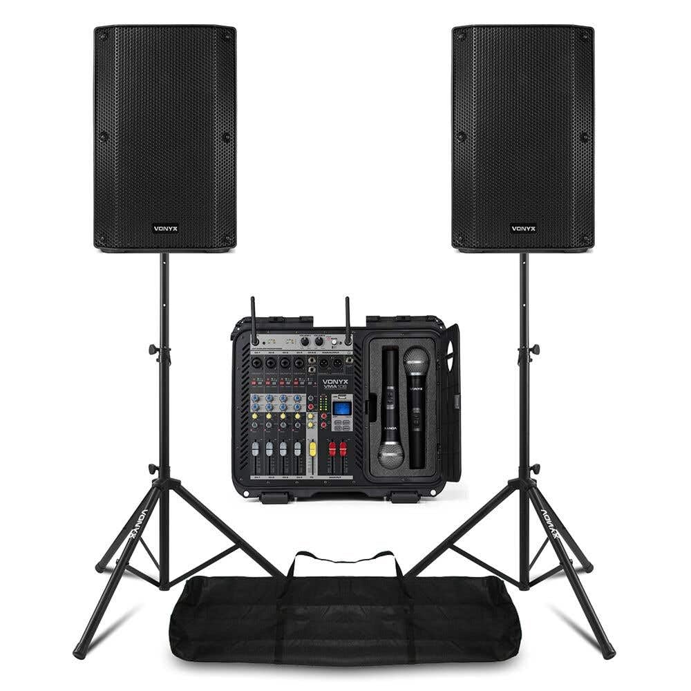 Pack Sono Complet avec Table de Mixage, 2 Enceintes Passives, Micros UHF, Câbles - 1600 Watts, Pied d'Enceines 110 à 175 cm, Bluetooth, MP3, Idéal pour Les DJ Mobiles, Groupes, Événements, Concerts