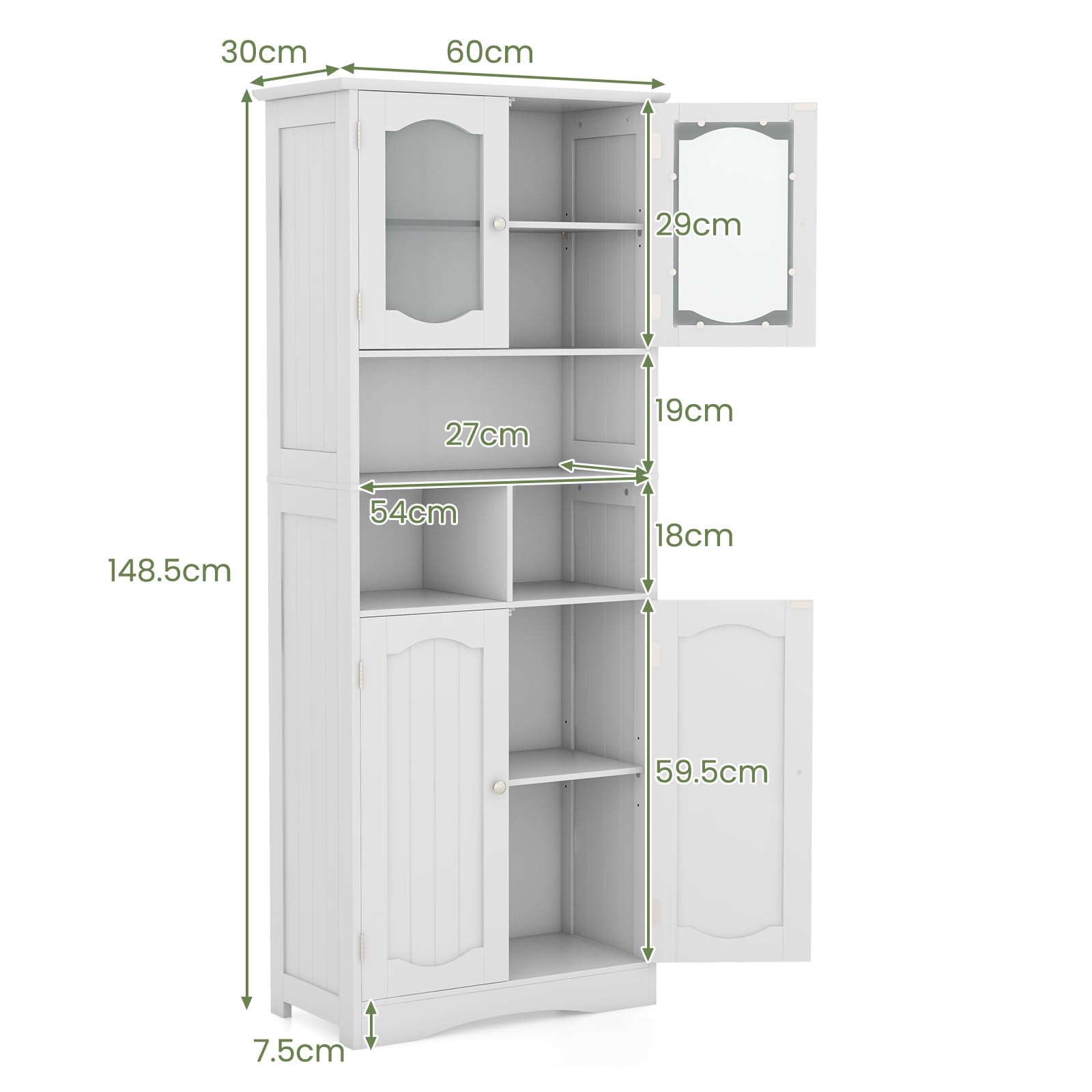 LIFEZEAL Mobile Bagno, Mobiletto Bagno Salvaspazio, 60x30x148,5cm, Armadietto Alto con Ante in Vetro e Ripiani Regolabili, Arredo Indipendente, Armadio Multiuso per Cucina e Soggiorno, Credenza Bianco