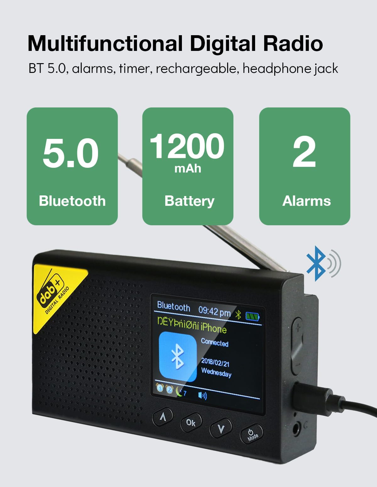 2.4" Portable DAB DAB Digital Radio FM Rechargeable Bluetooth Music Player LCD