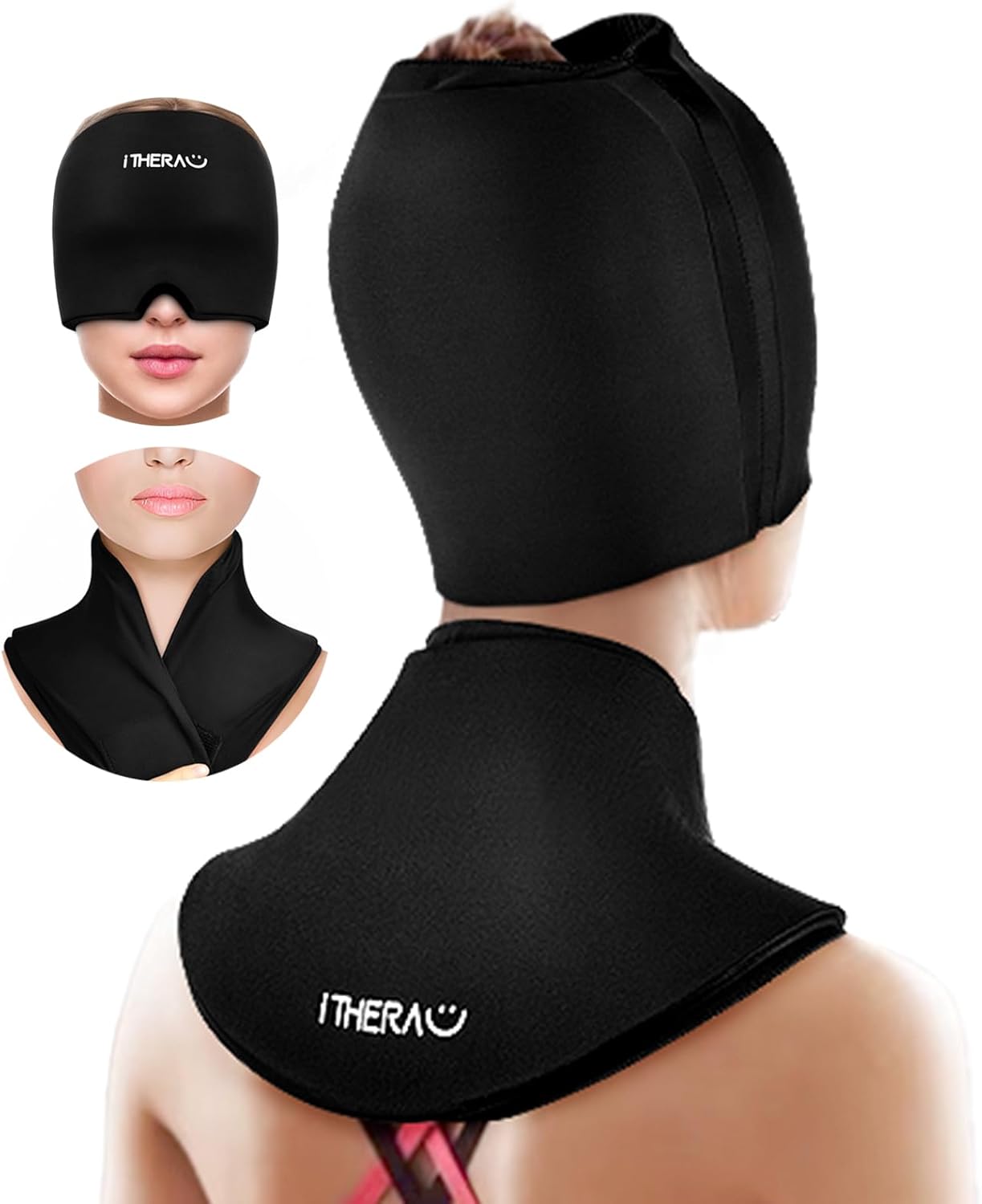 iTHERAU Migraine Relief Cap & Neck Ice Pack, 2Pcs-Set Reusable Headache Hat Ice Pack Mask, Gel Cold Compress Head Wrap for Tension, Puffy Eyes, Sinus, Cooling, Cervical Pain, Stress & Hangover