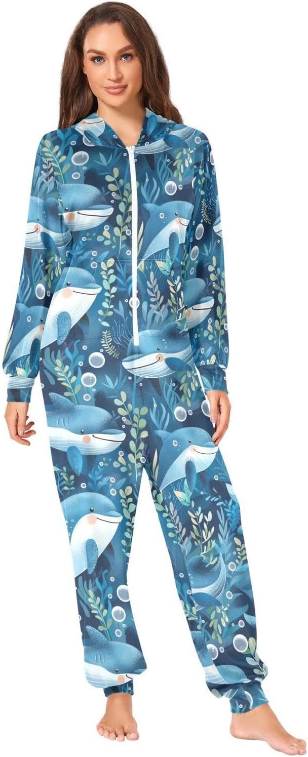 ZZKKO Ocean Blue Dolphin Seaweed Adult Onesie Pajamas for Women Men Cozy One Piece Pajamas Costume Zip-Up Hooded S-XL