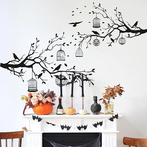 Miniatura 2 de 2 hojas de calcomanías de pared góticas de Halloween, calcomanías extraíbles de cuervo, decoraciones de jaula de cuervo negro, diseño de doble cara,