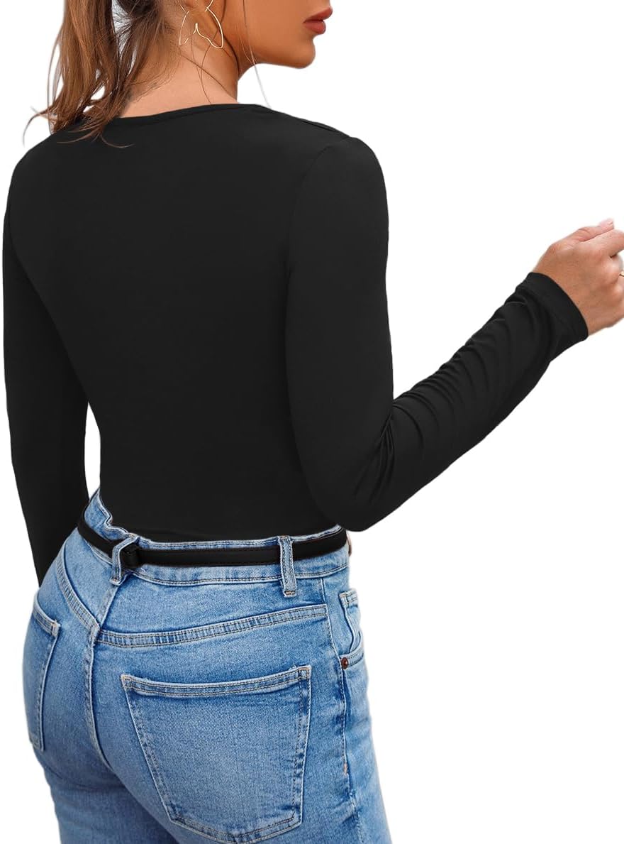 Afibi Women's Cutout Tops Basic Long Sleeve Round Neck Slim Fit T-Shirts - Image 5