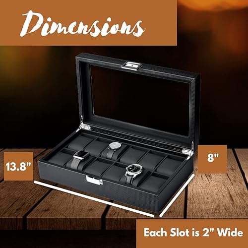 Miniatura 5 de Mantello Caja de reloj 12 ranuras para hombres Caja de reloj con tapa de cristal grande Organizador de caja de reloj para hombre (negro)