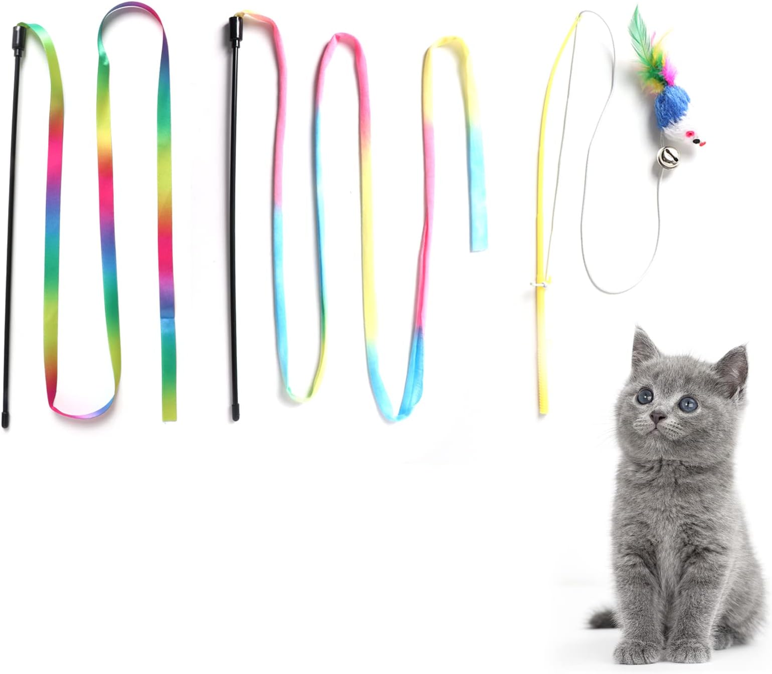 DABILONGC Cat Wand Toys, Interactive Cat Teaser Wand String,Kitten Toys Cat Teaser Wand,Ribbon Charmer Stick for Kittens,3PCS