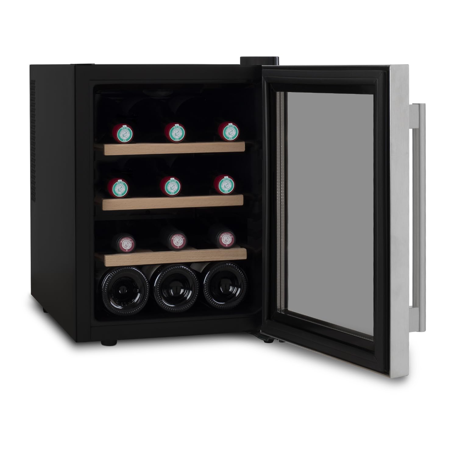 LES PETITS CHAMPS Vinoteca 12 botellas CAVS12, Capacidad 31L, Puertas de acero inoxidable, Ajuste de temperatura de 11°C a 18°C, Sistema termoeléctrico, Iluminación LED, Anti-UV, 3 estantes