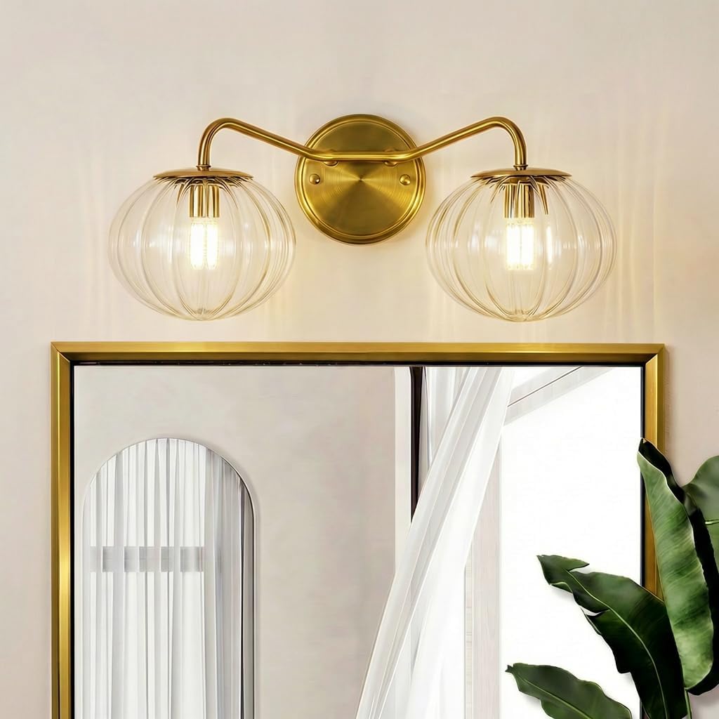 ANDY STAR Vanity Lights 2 Light, Brass Bathroom Light Fixtures with Clear Pumpkin-Ribbed Glass Globe Shade, Brushed Gold Vintage Striped Wall Lights for Over Mirror, G9 Base (No Bulbs)