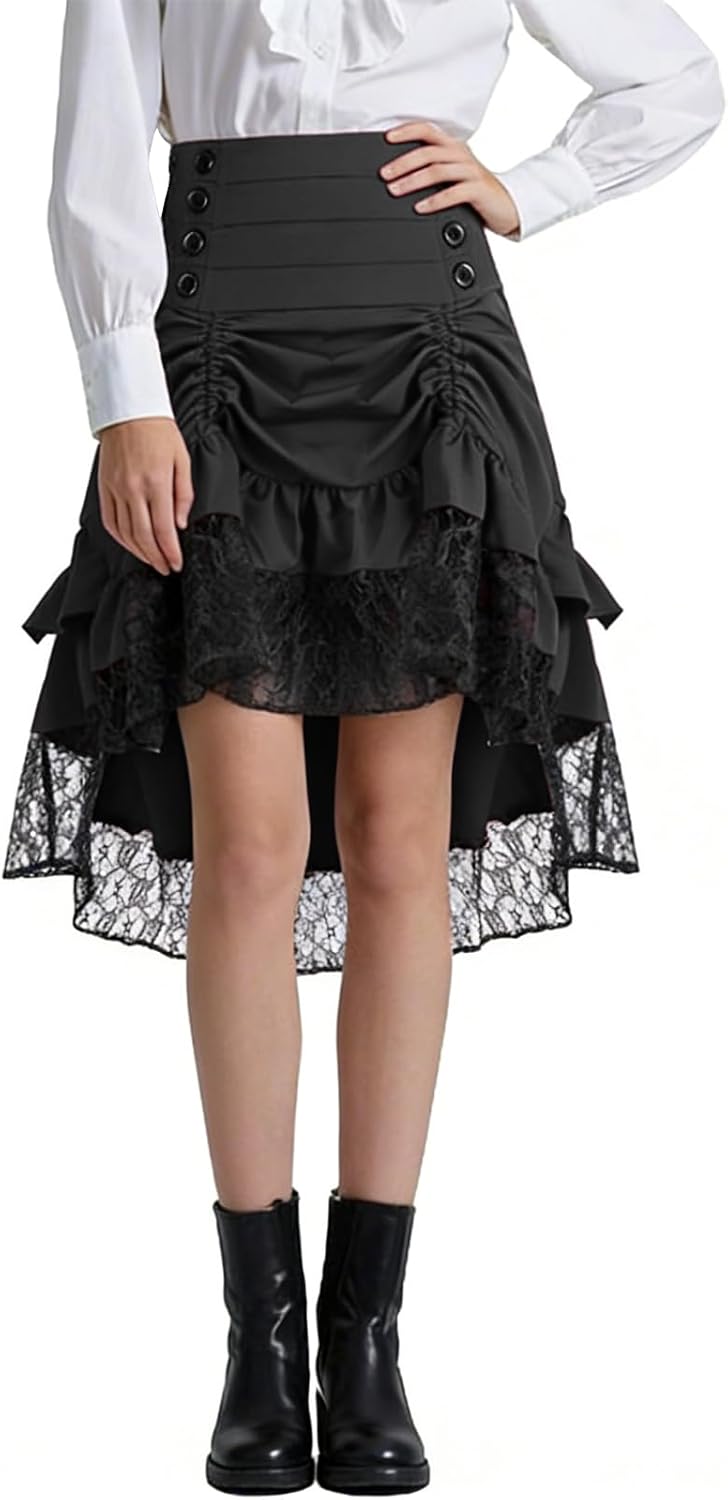 Women's Steampunk Skirt Retro Gothic Pleated Asymmetric High Low Lace Ruffle Skirt - Image 2
