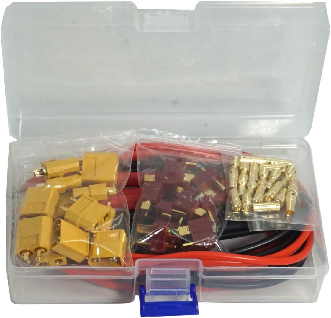 66PCS ShareGoo T Plug,XT60 XT-60 Plug 3.5mm Gold Banana Plug Bullet Male Female Connector Adapter with 14 Gauge Silicone Wire 5mm Heat Shrink Tubing for RC Car Boat Drone Battery ESC Motor