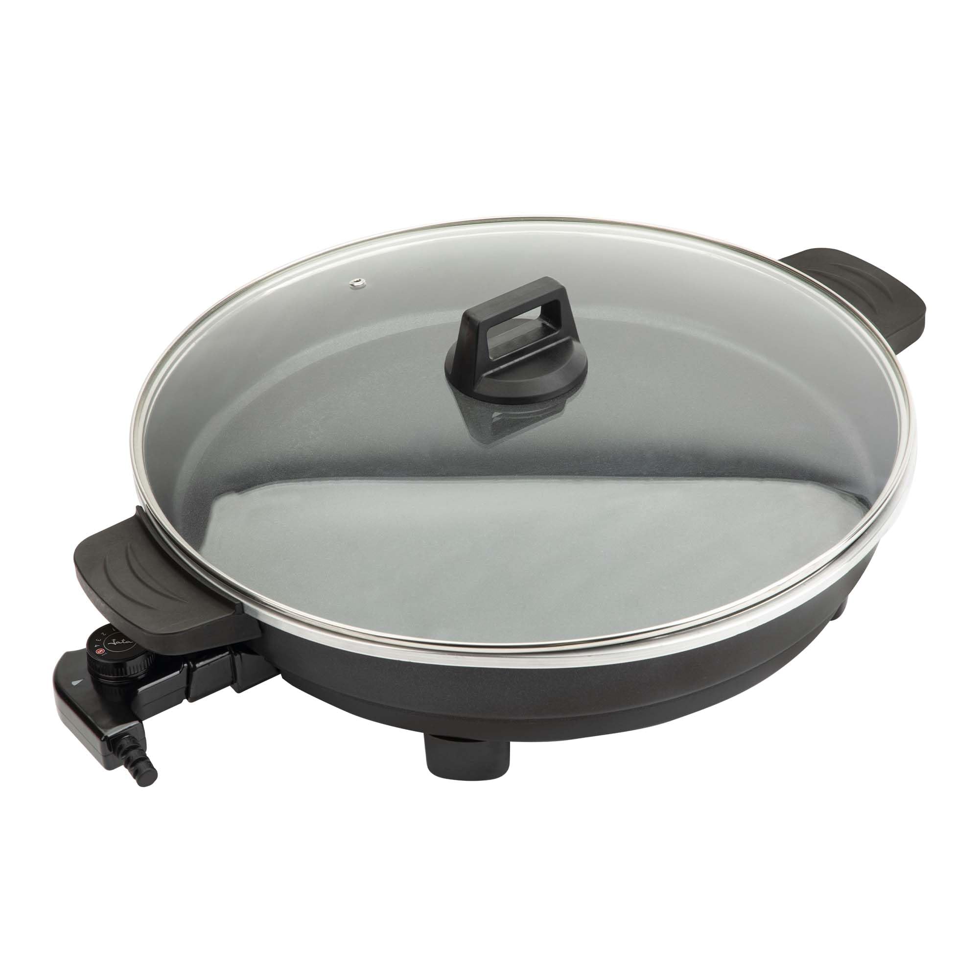 JATA JEPE1601 - Paellera Eléctrica 43 cm con Tapa de Cristal, Sartén Eléctrica Antiadherente 2000W, Termostato Regulable, Tapa de Cristal con Válvula de Vapor, Ideal para Paellas, Arroces, Fideuá, ...