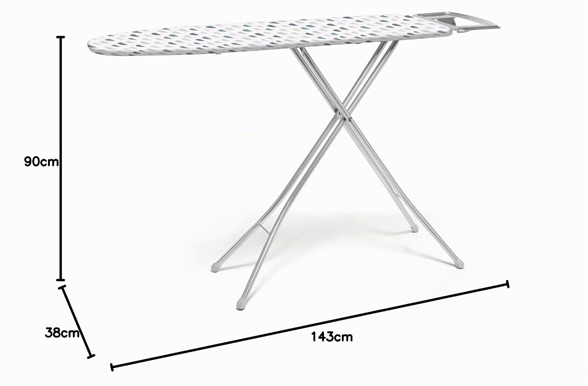 Rayen | Bügelbrett - Basic Serie | Höhenverstellbar | Metallgitter | Bügeleisenablage | Graues Gestell und Bezug mit weißem Muster | Maße: 120 x 38 cm