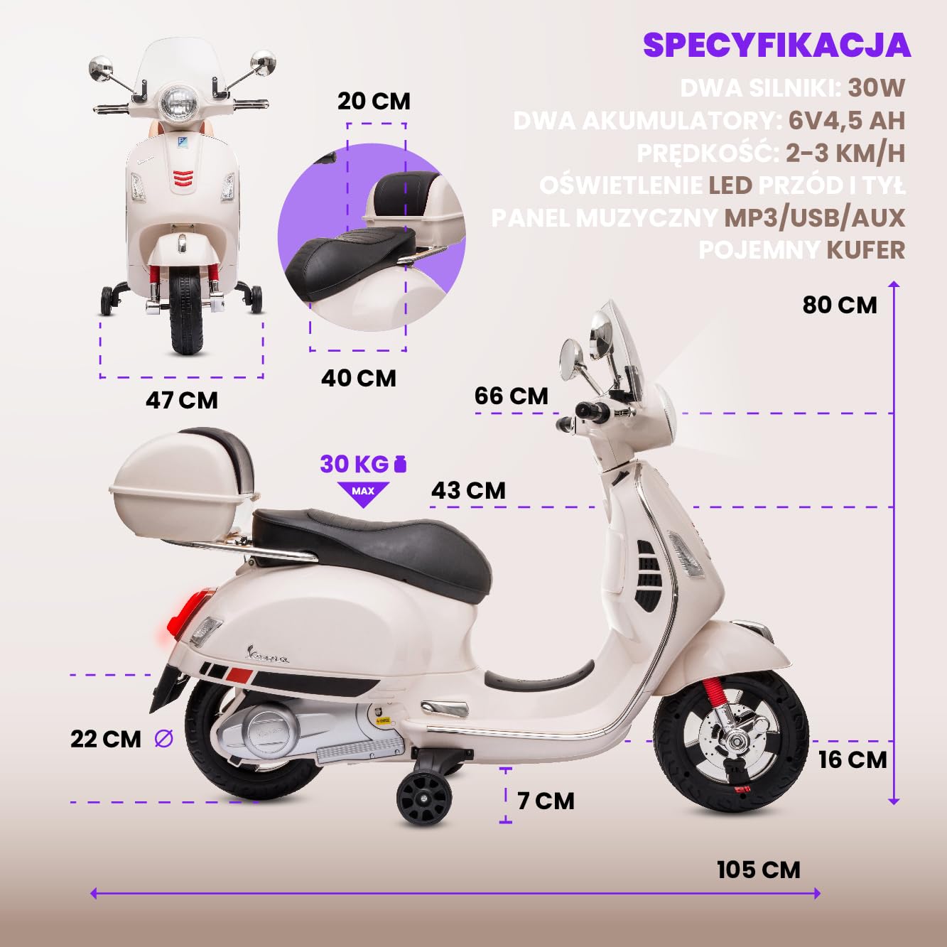 VESPA Elektryczny skuter dla dzieci, jeździk od 3 roku życia, plastikowe koła i siedzisko, kuferek, odtwarzacz MP3, gniazdo USD MicroSD AUX (Biały)